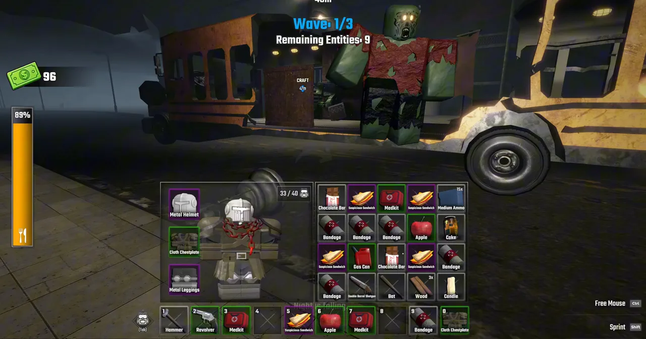 Bus wheel and checkpoint wave defense in Last Stop Roblox showing the wave counter and loot on the ground