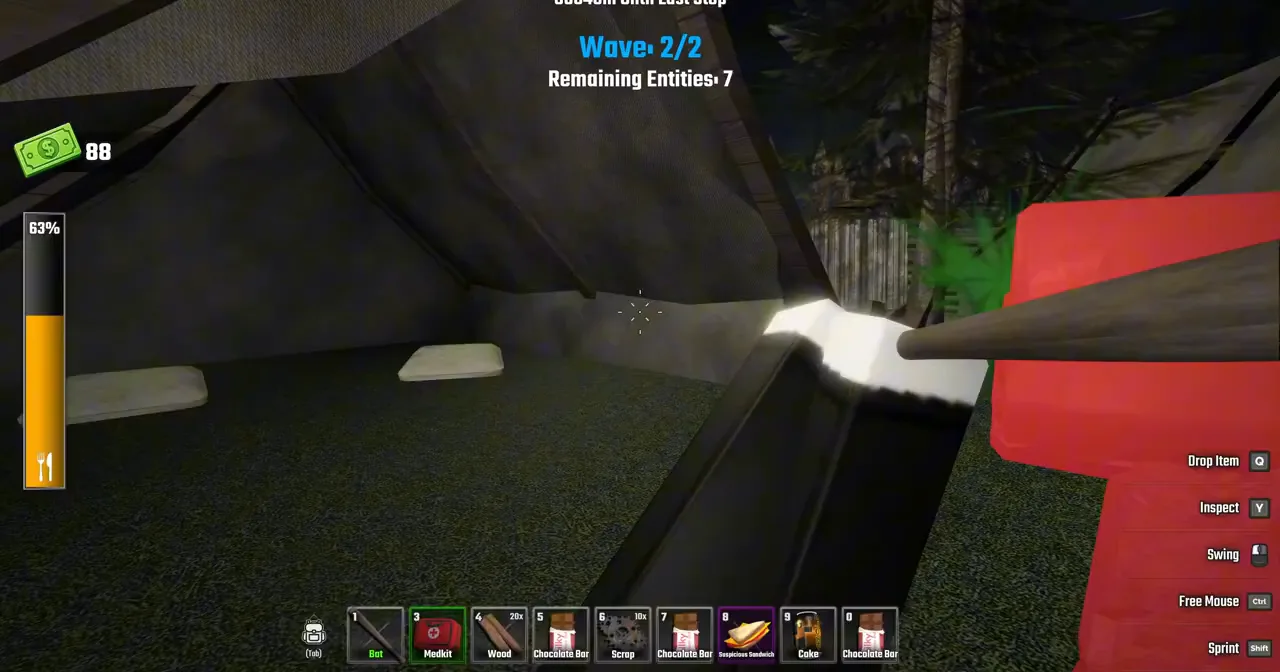 A red zombie horde swarming the bus at night in Last Stop Roblox during a wave defense