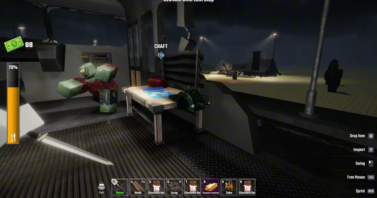 Stash storage grid in Last Stop Roblox with food, scrap, and rare items sorted into slots